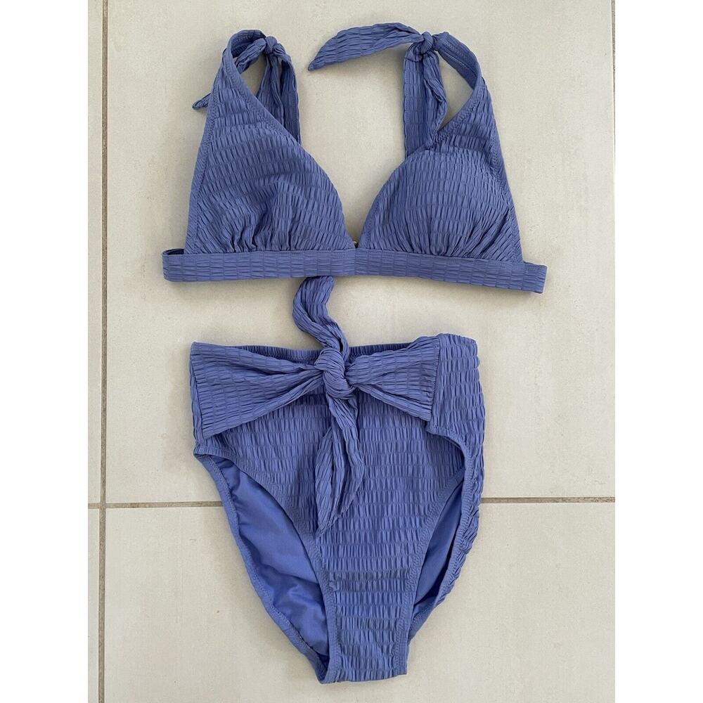 Jessica Simpson Swim Bikini Seersucker Textured High Waist Swimsuit